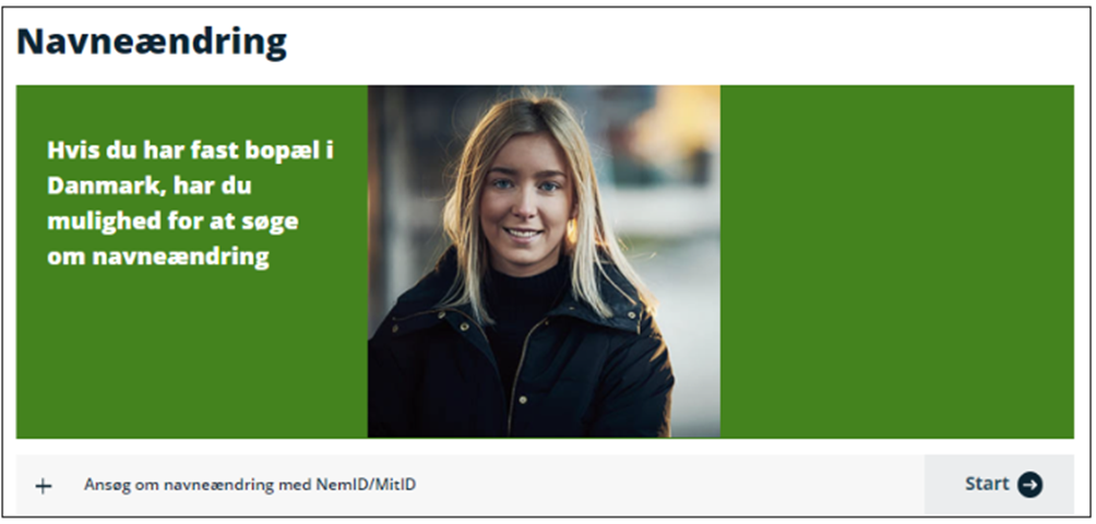 Picture that shows the start button to the online application for name change on borger.dk
