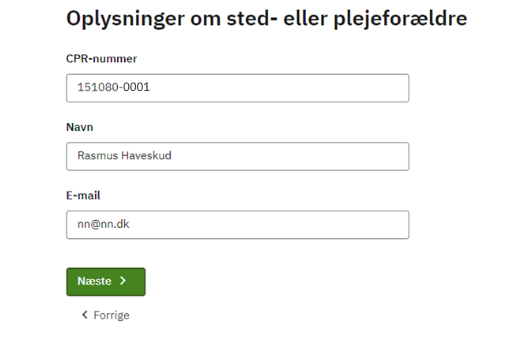 Billedet viser det sted hvor man opgiver oplysninger om sted- eller plejeforældre i form af cpr-nr., navn og mail.
