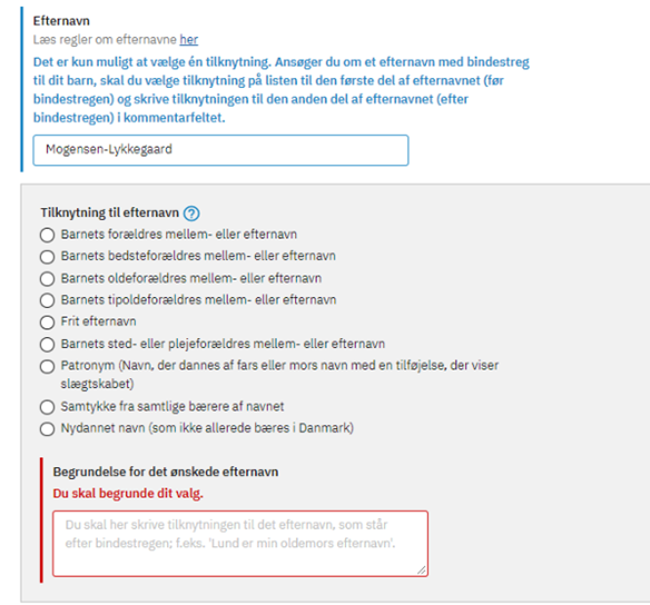 Billedet viser at man skal vælge en tilknytning til det ene navn og skrive en kommentar til det andet, hvis man vælger et efternavn med bindestreg 6 vs 2.png